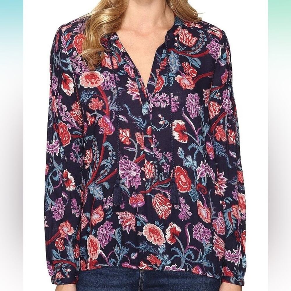 Lucky Brand Size Small Colorful Boho Floral Print Long Sleeve Tassel Blouse Top